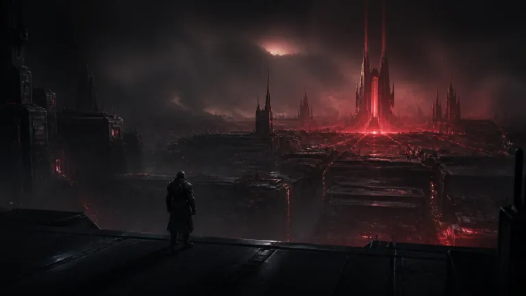 A lone futuristic warrior looking across a dark neon city