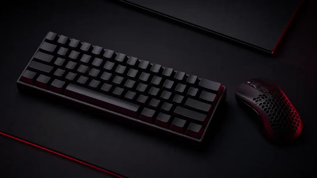 An unbranded ultralight gaming mouse beside a compact mechanical keyboard