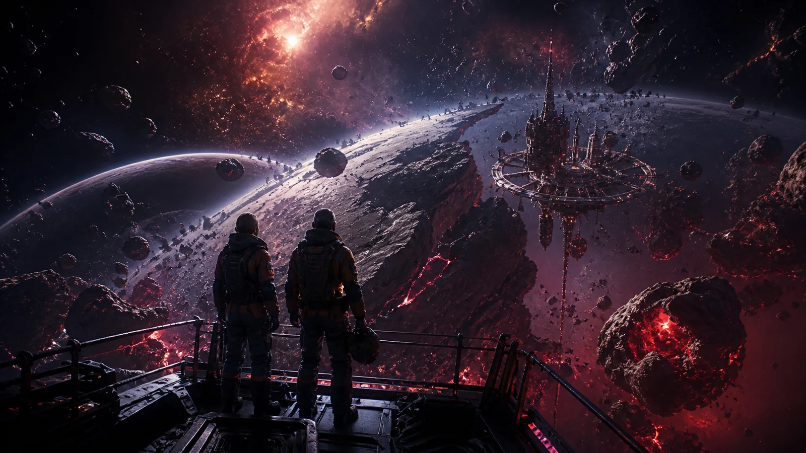 Two space pilots overlooking a glowing alien planet